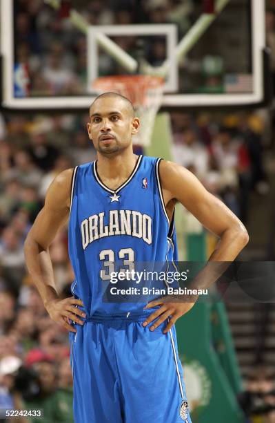 Grant Hill of the Orlando Magic looks on against the Boston Celtics on February 4, 2005 at the Fleet Center in Boston, Massachusetts. The Celtics won...