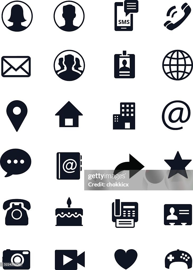 Communication contact in black and white icons