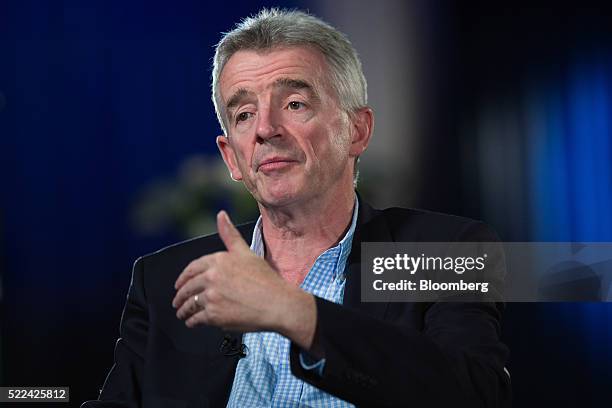 Michael O'Leary, chief executive officer of Ryanair Holdings Plc, gestures whilst speaking during a Bloomberg Television interview in London, U.K.,...