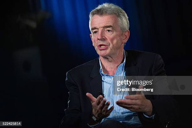 Michael O'Leary, chief executive officer of Ryanair Holdings Plc, gestures whilst speaking during a Bloomberg Television interview in London, U.K.,...