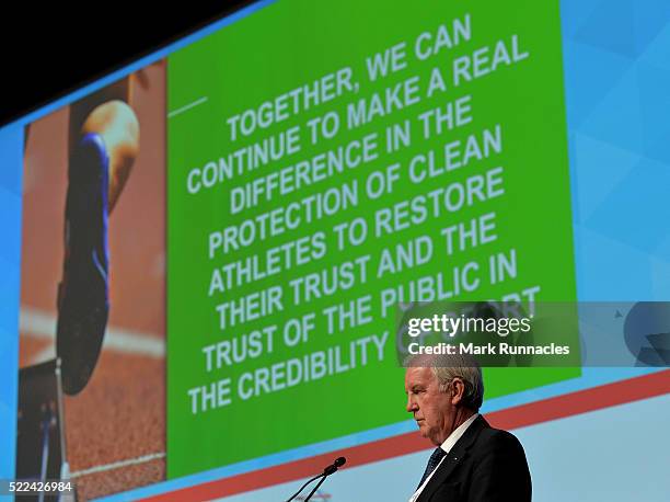 Sir Craig Reedie WADA President and Vice President of the IOC addresses the ASOIF General Assembly during the third day of SportAccord Convention at...