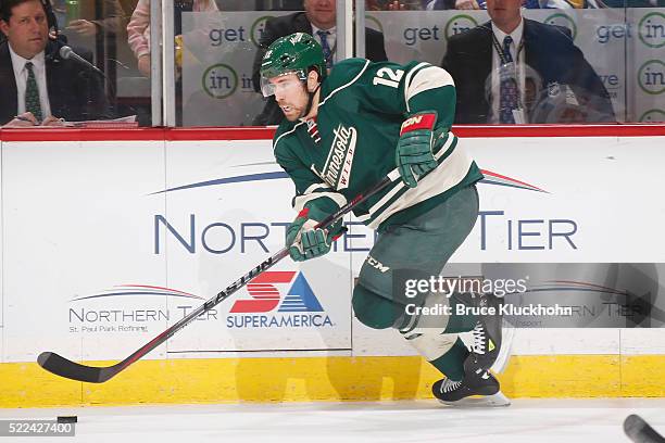 David Jones of the Minnesota Wild skates with the puck against the Calgary Flames during the game on April 9, 2016 at the Xcel Energy Center in St....