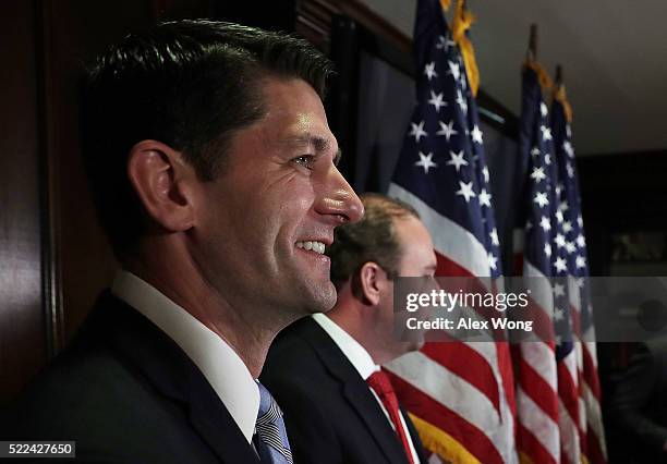 Speakers of the House Rep. Paul Ryan listens during a media availability after a Republican Conference meeting April 19, 2016 at the Republican...