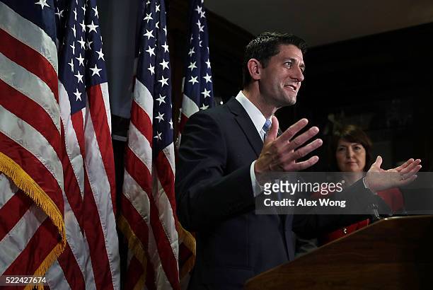 Speakers of the House Rep. Paul Ryan speaks as Rep. Cathy McMorris Rodgers listens during a media availability after a Republican Conference meeting...