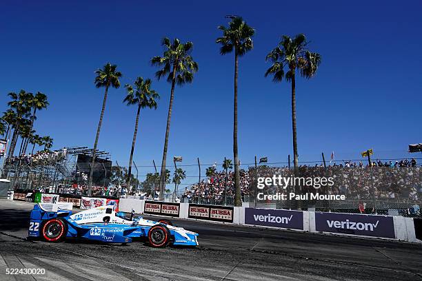 Long Beach, CA Race winner Max Chilton in the Gallagher Chip Ganassi Racing Chevrolet celebrates his vidtory during the Verizon IndyCar Series Toyota...