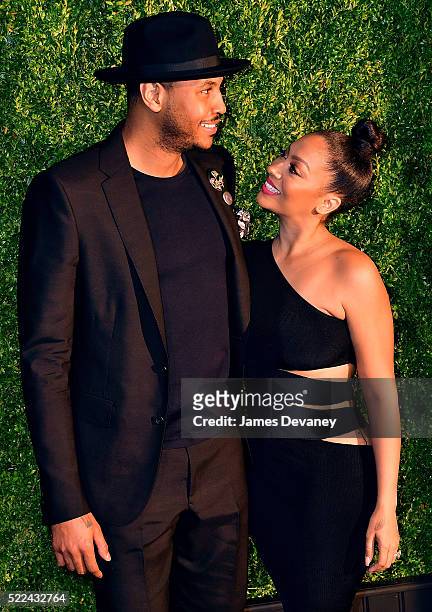 Carmelo Anthony and La La Anthony attend the 11th Annual Chanel Tribeca Film Festival Artists Dinner at Balthazar on April 18, 2016 in New York City.