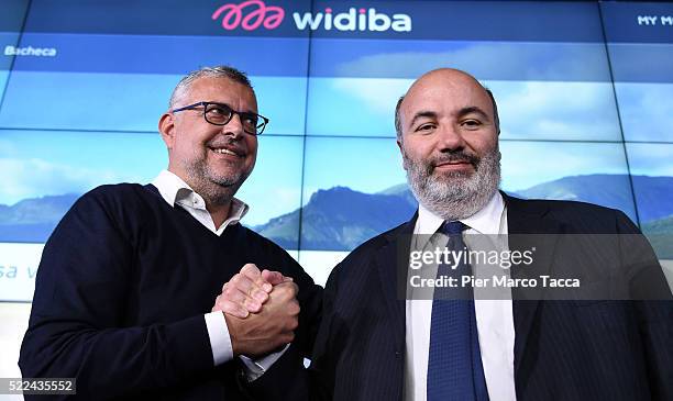 Of Widiba Bank, Andrea Cardamone pose with President of Widiba Bank Fabrizio Viola during the press conference of Widiba Bank on April 19, 2016 in...