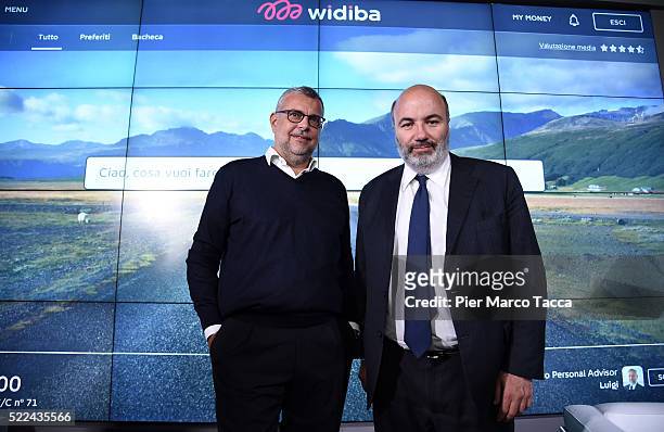 Of Widiba Bank, Andrea Cardamone pose with President of Widiba Bank Fabrizio Viola during the press conference of Widiba Bank on April 19, 2016 in...
