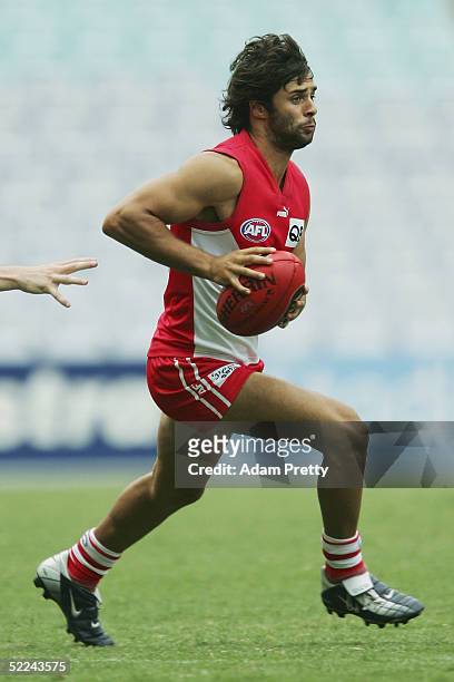 Stefan Garrubba of the Swans in action during the trial AFL match between the Sydney Swans and the Brisbane Lions on February 26, 2005 at Telstra...