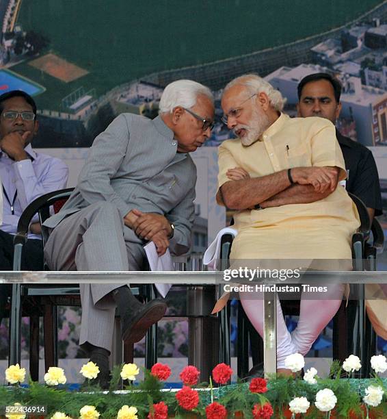 Prime Minister Narendra Modi along with J&K Governor NN Vohra during a public rally after inaugurating a sports complex and a super-specialty...