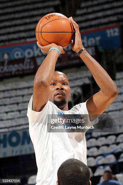 Kevin Durant of the Oklahoma City Thunder warms up before Game One of the NBA Playoffs on April 16, 2016 at the Chesapeake Energy Arena in Oklahoma...