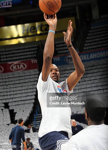 Kevin Durant of the Oklahoma City Thunder warms up before Game One of the NBA Playoffs on April 16, 2016 at the Chesapeake Energy Arena in Oklahoma...