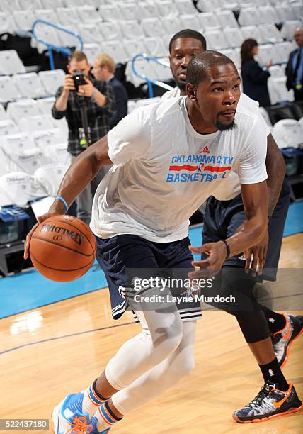 Kevin Durant of the Oklahoma City Thunder warms up before Game One of the NBA Playoffs on April 16, 2016 at the Chesapeake Energy Arena in Oklahoma...