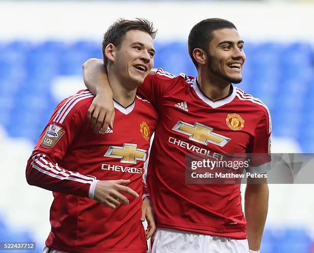 Donald Love of Manchester United U21s celebrates scoring their first goal during the Barclays U21 Premier League match between Tottenham Hotspur U21s...