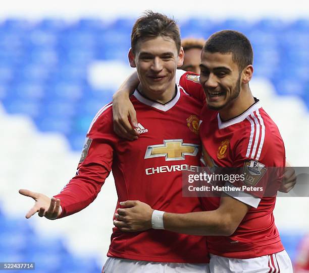 Donald Love of Manchester United U21s celebrates scoring their first goal during the Barclays U21 Premier League match between Tottenham Hotspur U21s...