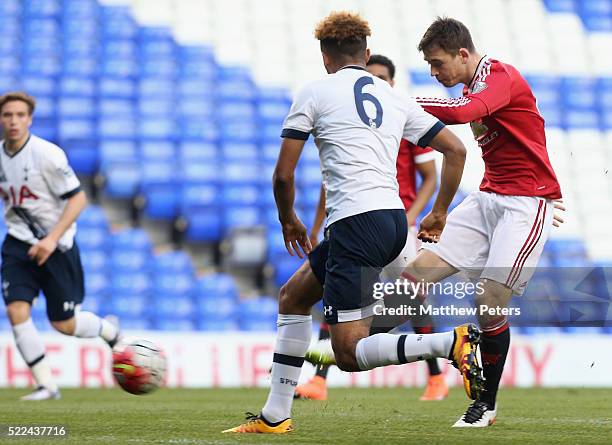 Donald Love of Manchester United U21s scores their first goal during the Barclays U21 Premier League match between Tottenham Hotspur U21s and...