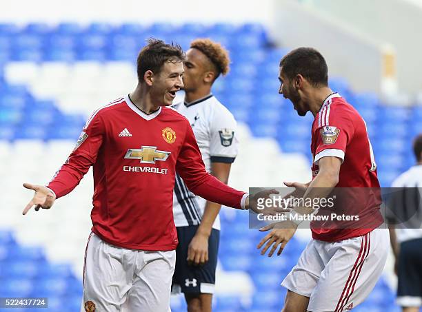 Donald Love of Manchester United U21s celebrates scoring their first goal during the Barclays U21 Premier League match between Tottenham Hotspur U21s...