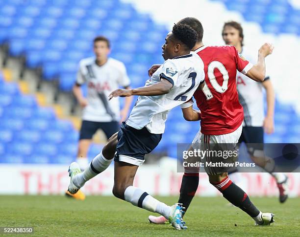 Andreas Pereira of Manchester United U21s scores their second goal during the Barclays U21 Premier League match between Tottenham Hotspur U21s and...