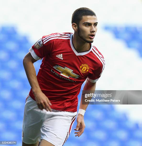 Andreas Pereira of Manchester United U21s celebrates scoring their second goal during the Barclays U21 Premier League match between Tottenham Hotspur...
