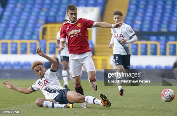 Andreas Pereira of Manchester United U21s in action with Anton Walkes of Tottenham Hotspur U21s during the Barclays U21 Premier League match between...