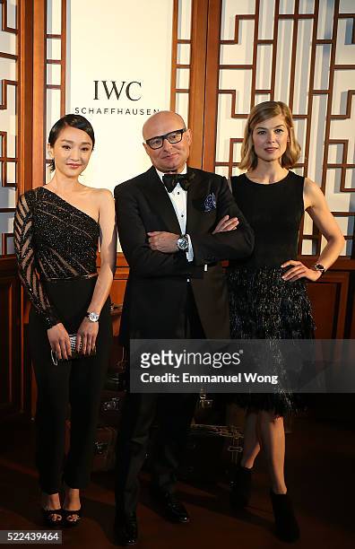 Ambassadors Zhou Xun, Rosamund Pike and IWC CEO Georges Kern attend the IWC "For the love of Cinema" Gala Dinner at the Beijing International Film...