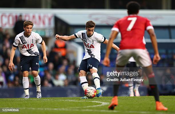 Harry Winks of Spurs shoots at goal during the U21 Barclays Premier League match between Tottenham Hotspur and Manchester United at White Hart Lane...