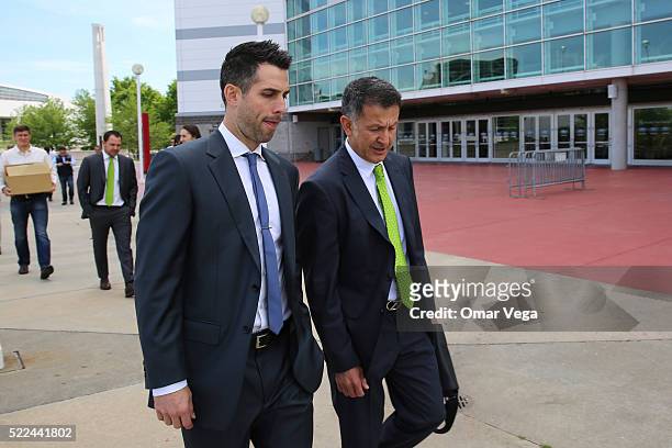 American football former player Carlos Bocanegra walks next to coach of Mexico's national team Juan Carlos Osorio during a tour to show him Mercedes...