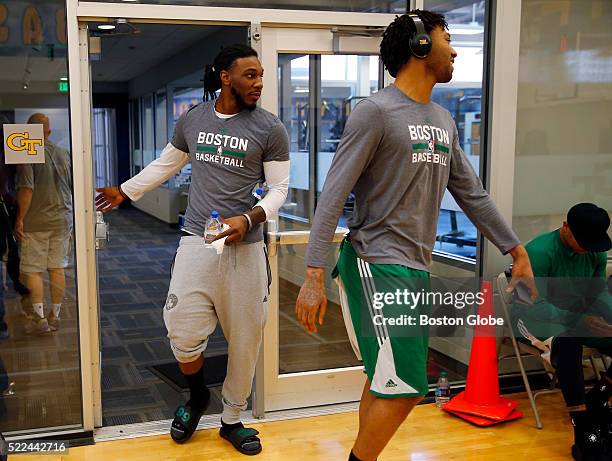 Boston Celtics players Jae Crowder, left, and James Young arrive at practice at Georgia Tech in Atlanta on April 17 as they prepare for their second...