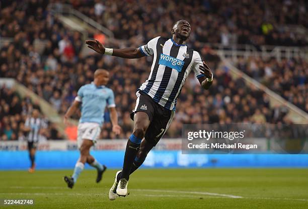 Moussa Sissoko of Newcastle United reacts after a missed chance on goal during the Barclays Premier League match between Newcastle United and...