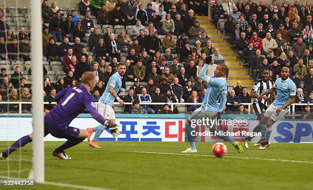 Vurnon Anita of Newcastle United scores a goal to level the scores at 1-1 during the Barclays Premier League match between Newcastle United and...