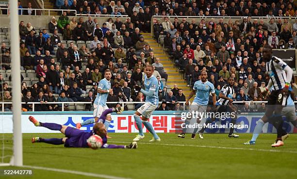 Vurnon Anita of Newcastle United scores a goal to level the scores at 1-1 during the Barclays Premier League match between Newcastle United and...