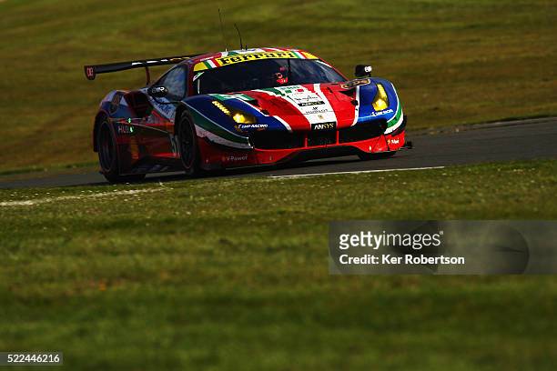 The AF Corse Ferrari 488 GTE of Gianmaria Bruni and James Calado drives during the FIA World Endurance Championship Six Hours of Silverstone race at...