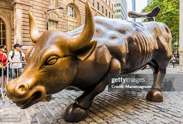 wall street, the charging bull or wall street bull - charging bull statue stock pictures, royalty-free photos & images