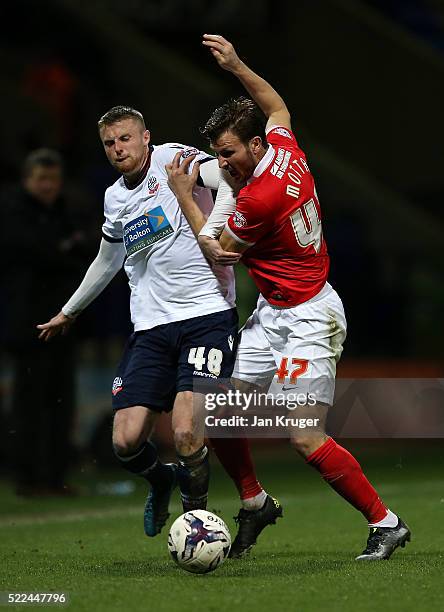 Niall Maher of Bolton Wanderers battles with Marco Motta of Charlton Athletic during the Sky Bet Championship match between Bolton Wanderers and...