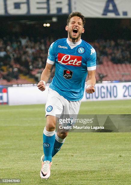 Dries Mertens of Napoli celebrates after scoring his team's third goal during the Serie A match between SSC Napoli and Bologna FC at Stadio San Paolo...