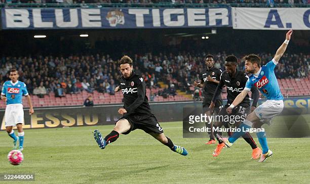 Dries Mertens of Napoli scores his team's third goal during the Serie A match between SSC Napoli and Bologna FC at Stadio San Paolo on April 19, 2016...