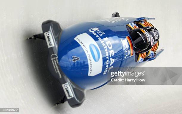 The Germany II bobsled led by Matthias Hoepfner, Marc Kuehne, Andreas Barucha and Stefan Barucha in heat 1 during the FIBT 2005 Four-Man Bobsleigh...