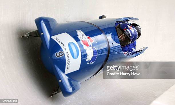 The France I bobsled led by Bruno Mingeon, Alexandre Vanhoutte, Loic Rubio and Stephane Galbert in heat 1 during the FIBT 2005 Four-Man Bobsleigh...
