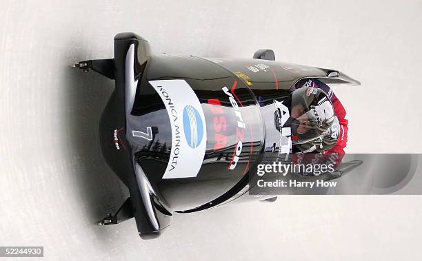 The USA II bobsled led by Steven Holcomb, Ben Fogel, Jason Ross and Lorenzo Smith in heat 1 during the FIBT 2005 Four-Man Bobsleigh World...