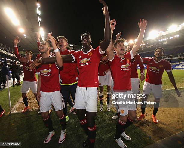 The Manchester United U21s squad celebrate winning the U21s League after the Barclays U21 Premier League match between Tottenham Hotspur U21s and...