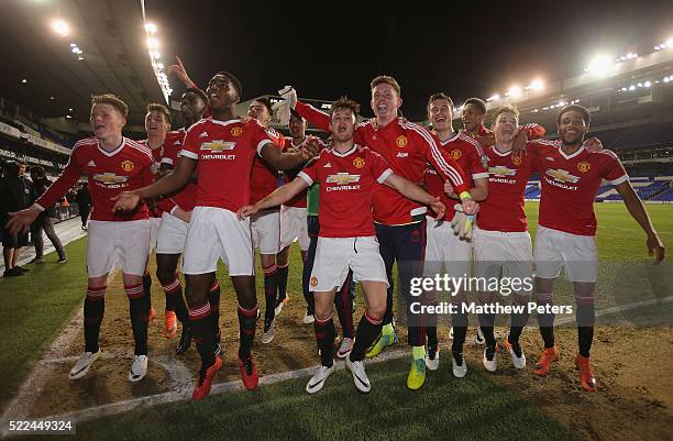 The Manchester United U21s squad celebrate winning the U21s League after the Barclays U21 Premier League match between Tottenham Hotspur U21s and...