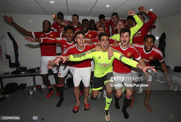 The Manchester United U21s squad celebrate winning the U21s League after the Barclays U21 Premier League match between Tottenham Hotspur U21s and...