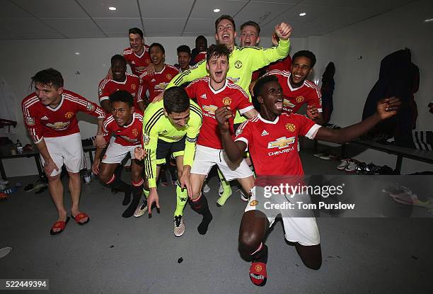The Manchester United U21s squad celebrate winning the U21s League after the Barclays U21 Premier League match between Tottenham Hotspur U21s and...
