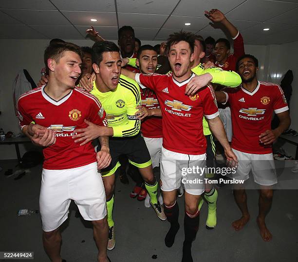 The Manchester United U21s squad celebrate winning the U21s League after the Barclays U21 Premier League match between Tottenham Hotspur U21s and...