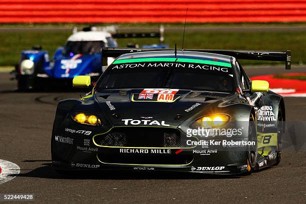 The Aston Martin Racing Vantage of Paul Dalla Lana, Pedro Lamy and Mathias Lauda drives during the FIA World Endurance Championship Six Hours of...
