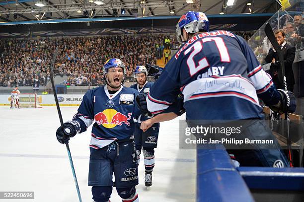 Keith Aucoin of EHC Red Bull Muenchen during the DEL playoff match between the EHC Red Bull Muenchen and Grizzlys Wolfsburg on April 19, 2016 in...