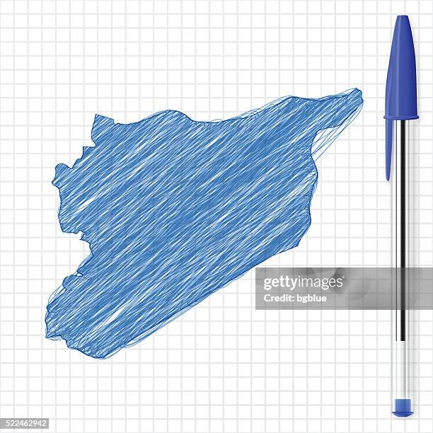 syria map sketch on grid paper, blue pen - damaskus stock illustrations