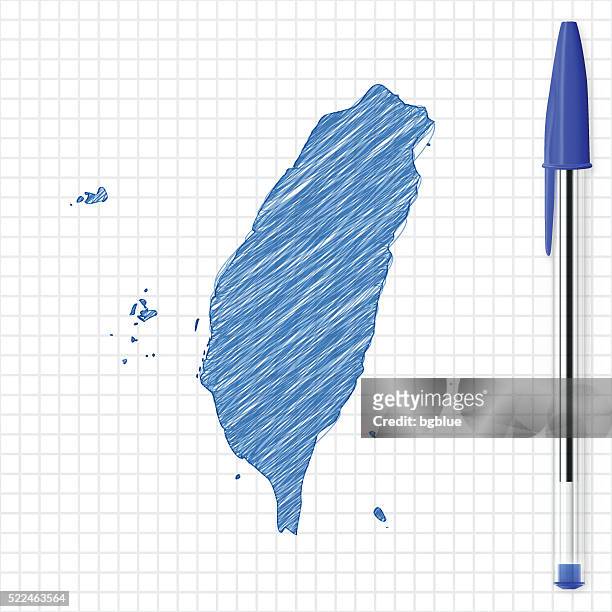 stockillustraties, clipart, cartoons en iconen met taiwan map sketch on grid paper, blue pen - taipei