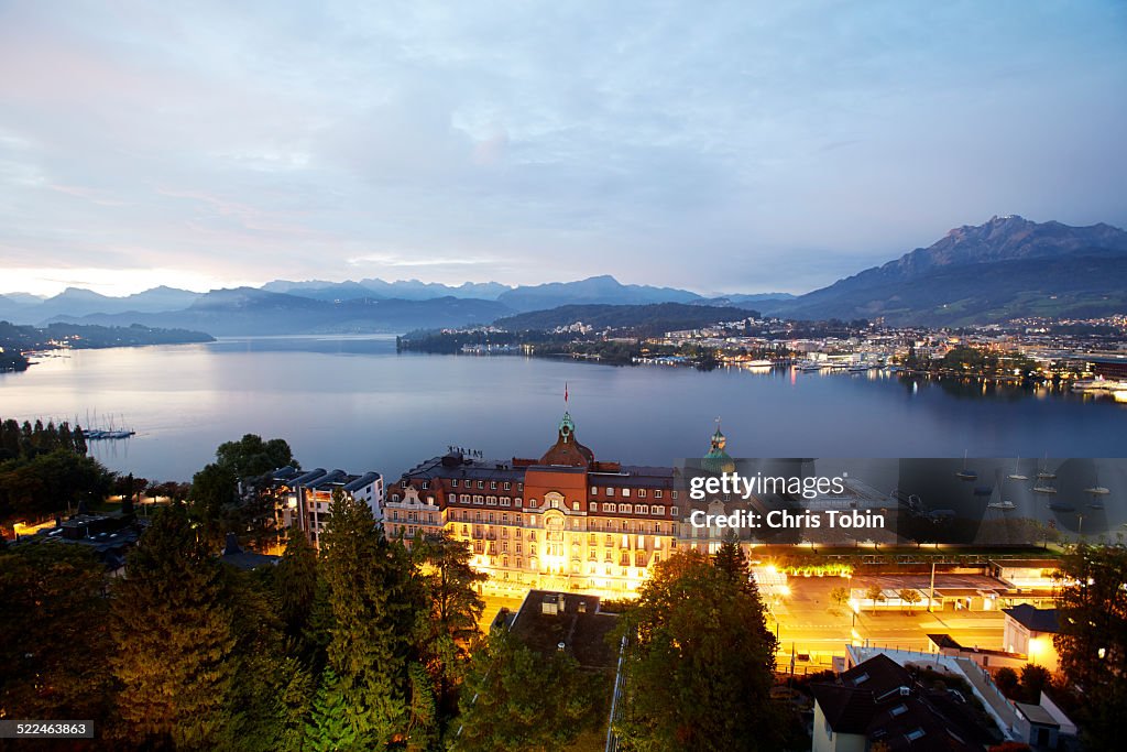 Lucerne city skyline with lake and mountains