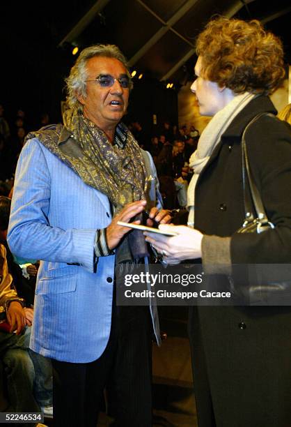 Flavio Briatore is being interviewed before the Philosophy By Alberta Ferretti fashion show as part of Milan Fashion Week Autumn/Winter 2005/6 on...